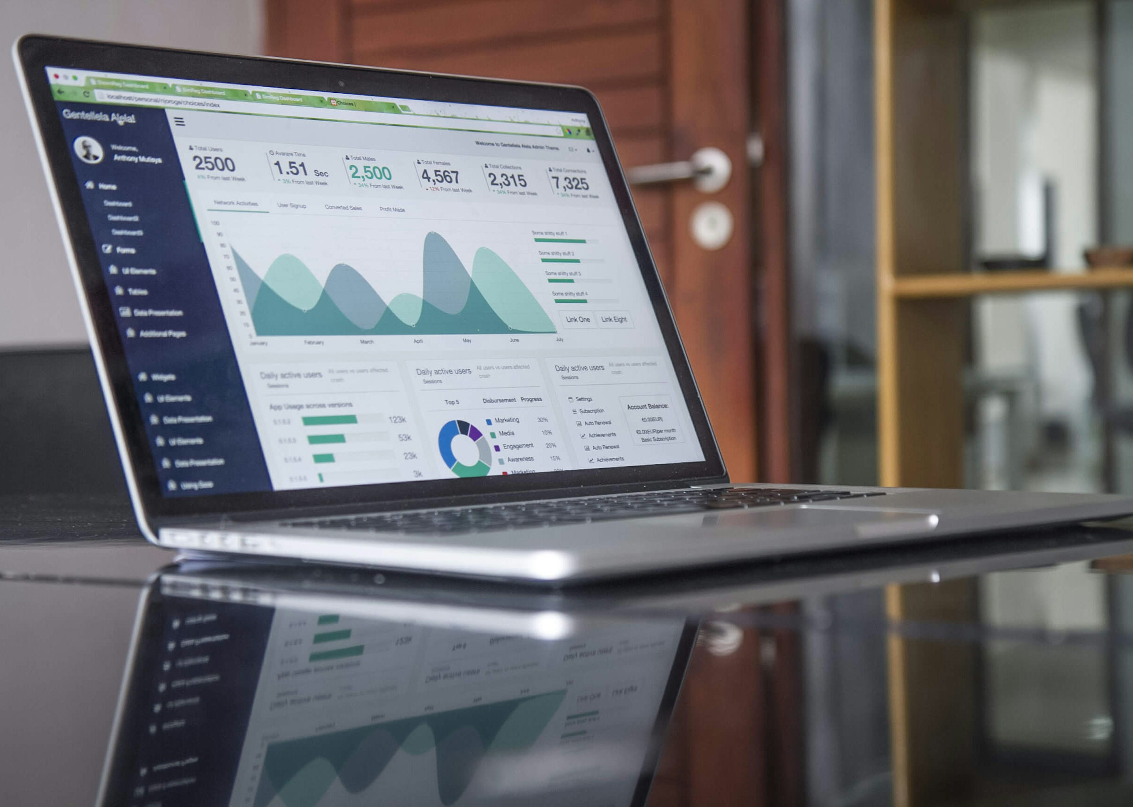 Institute administrator reviewing analytics and portal dashboard on laptop